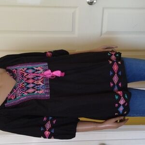Primark wms M cotton blouse black with multicolored embroidery 3/4 sleeves